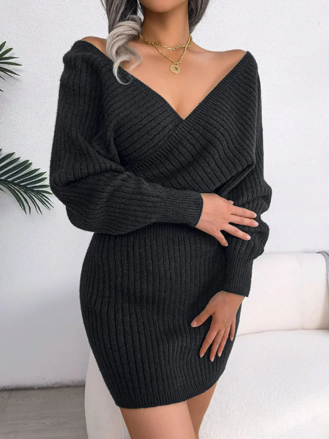 Rib - Knit Dolman Sleeve Sweater Dress - VILLA FASHION