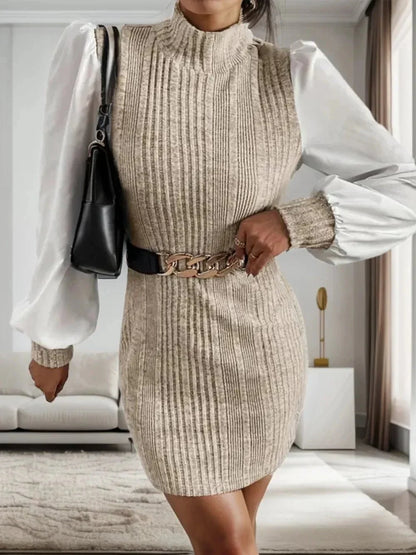 Ribbed Contrast Long Sleeve Sweater Dress - VILLA FASHION
