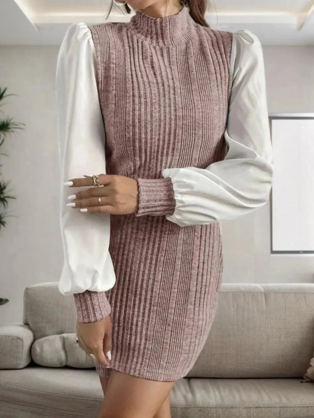 Ribbed Contrast Long Sleeve Sweater Dress - VILLA FASHION