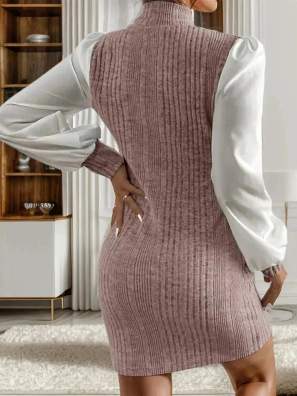 Ribbed Contrast Long Sleeve Sweater Dress - VILLA FASHION