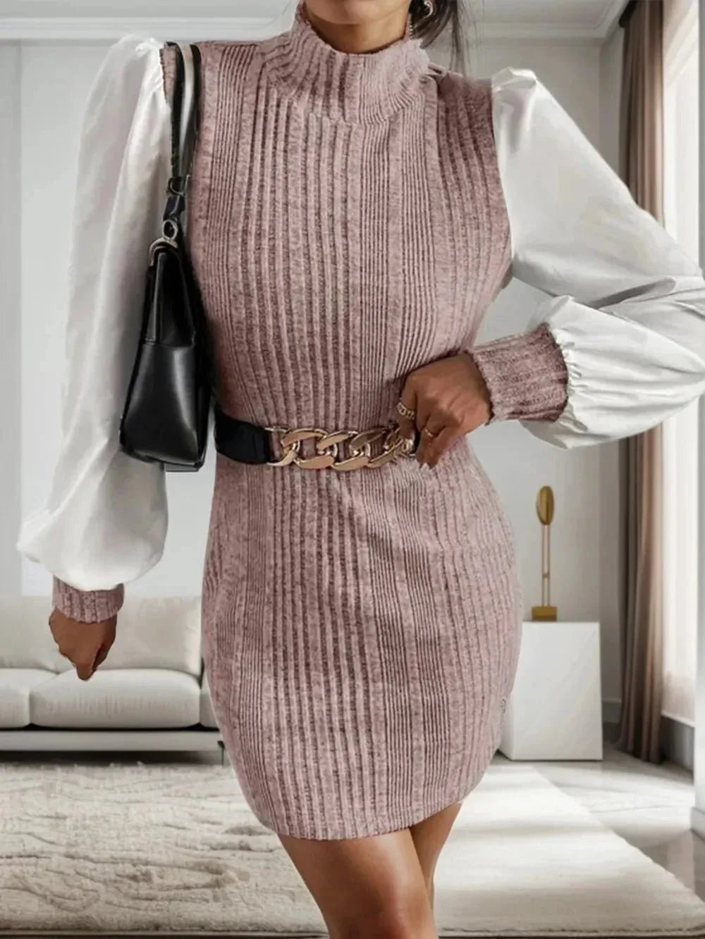 Ribbed Contrast Long Sleeve Sweater Dress - VILLA FASHION