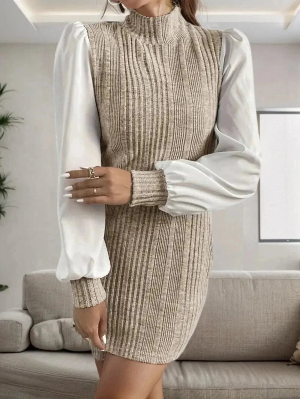 Ribbed Contrast Long Sleeve Sweater Dress - VILLA FASHION