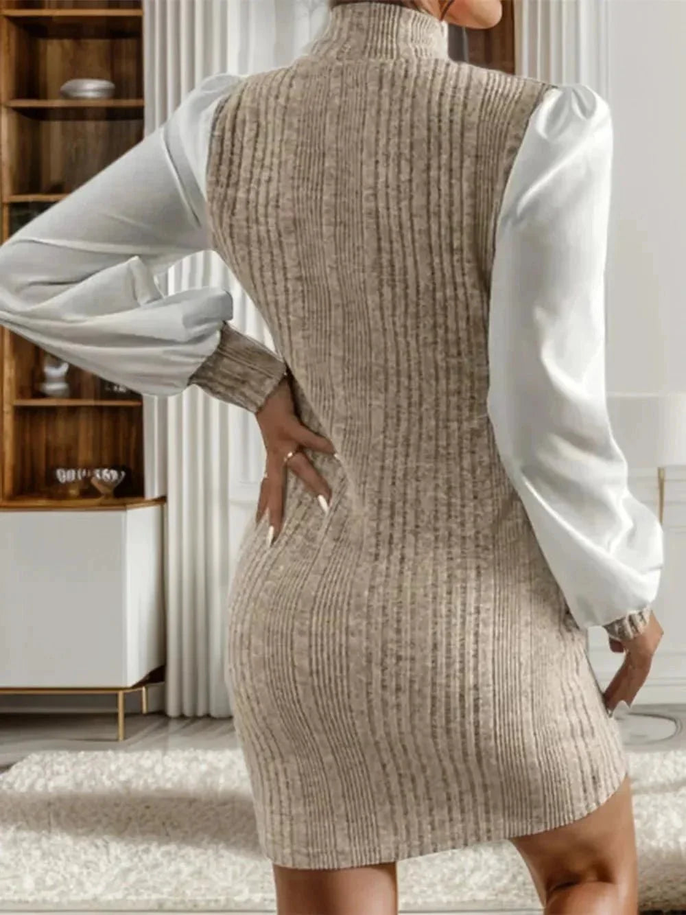 Ribbed Contrast Long Sleeve Sweater Dress - VILLA FASHION
