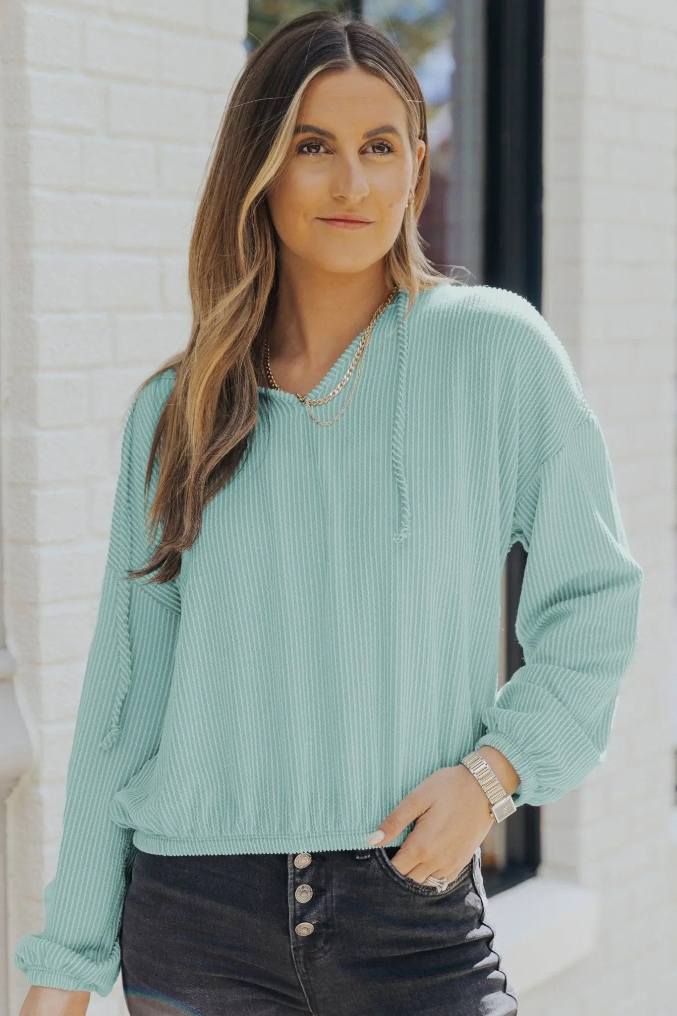 Ribbed Drop Shoulder Hoodie - VILLA FASHION