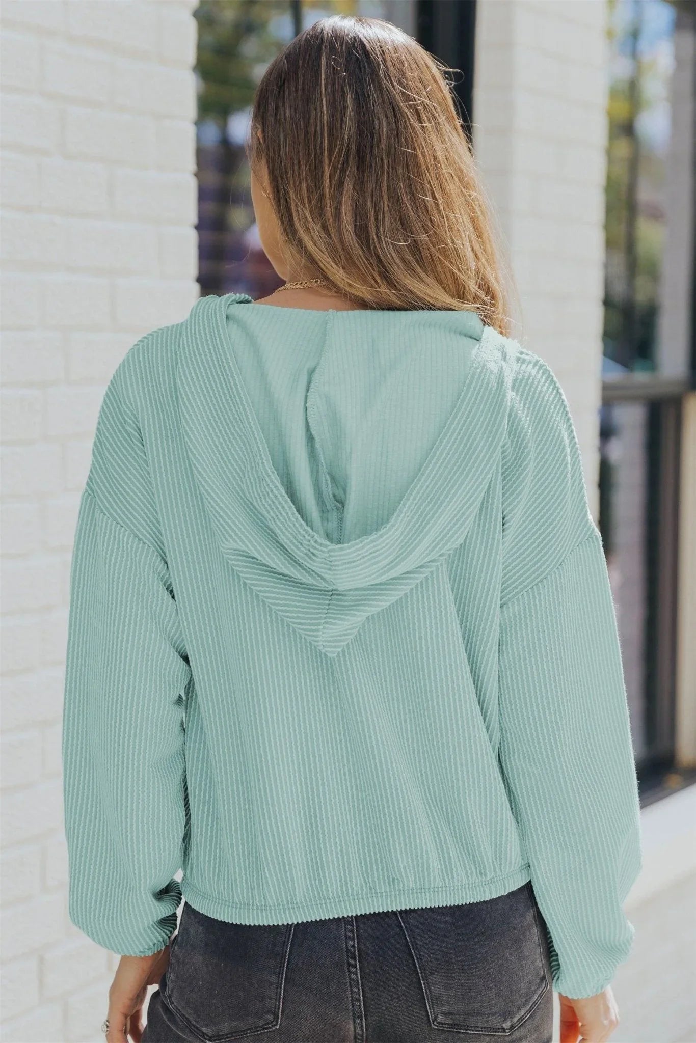 Ribbed Drop Shoulder Hoodie - VILLA FASHION