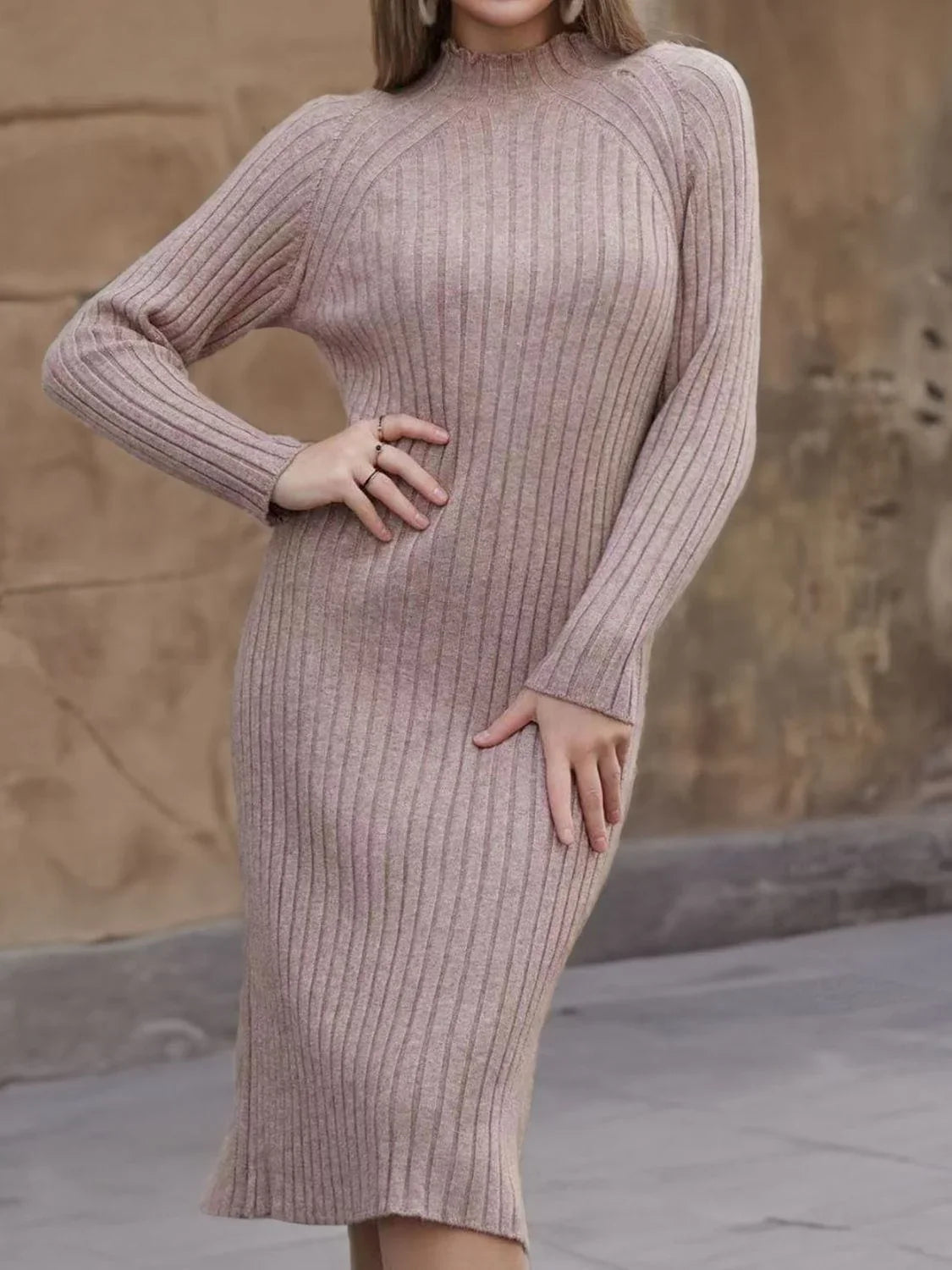 Ribbed Mock Neck Sweater Dress - VILLA FASHION