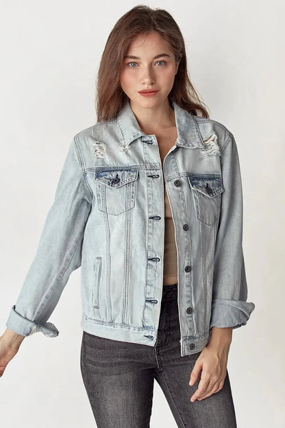RISEN Distressed Button Up Jacket - VILLA FASHION