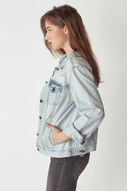 RISEN Distressed Button Up Jacket - VILLA FASHION