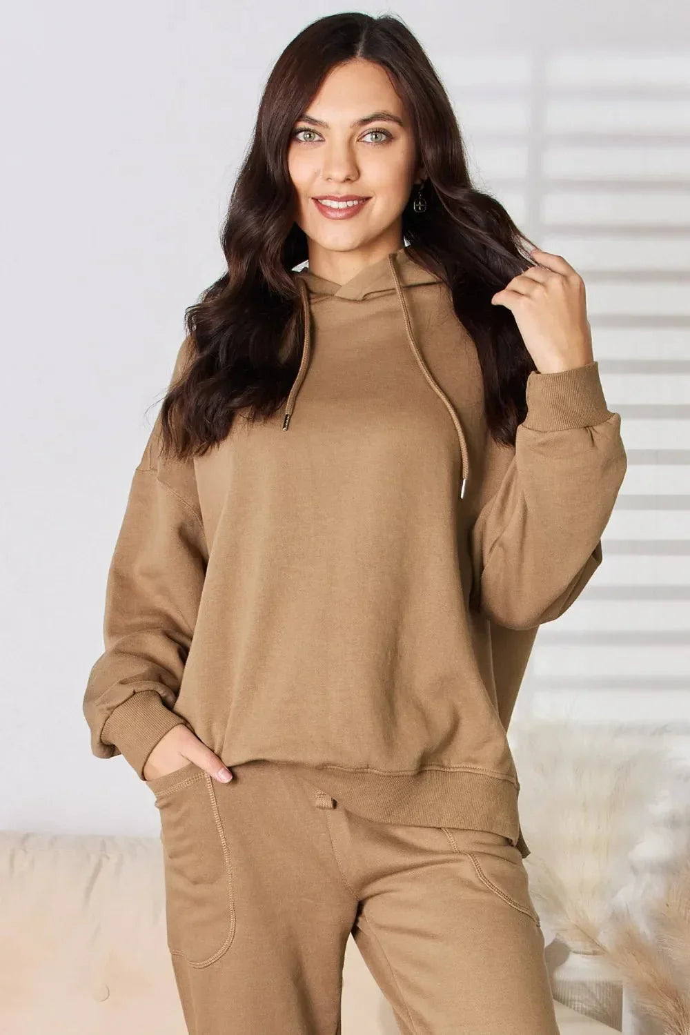 RISEN Drawstring Drop Shoulder Long Sleeve Hoodie - VILLA FASHION