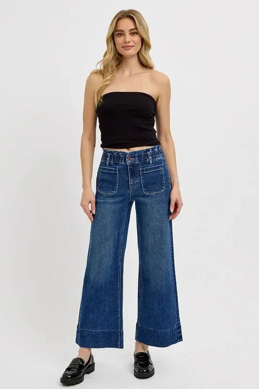 RISEN Elastic Band Wide Leg Jeans - VILLA FASHION