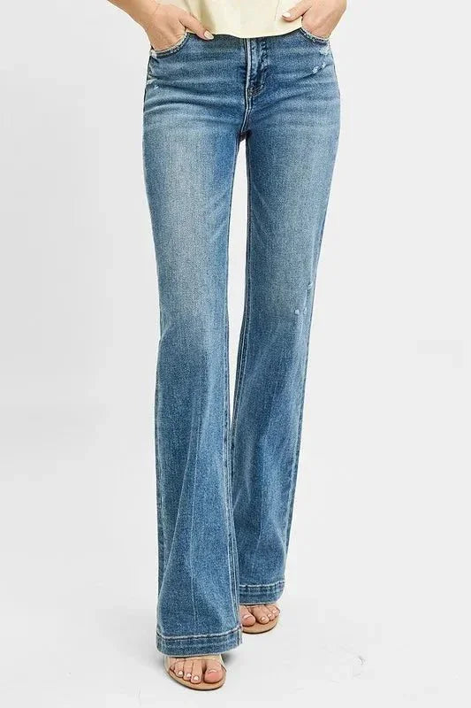 RISEN Full Size Distressed Detail Bootcut Jeans Plus Size - VILLA FASHION
