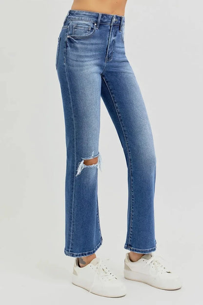 RISEN Full Size Distressed High Rise Crop Flare Jeans - VILLA FASHION