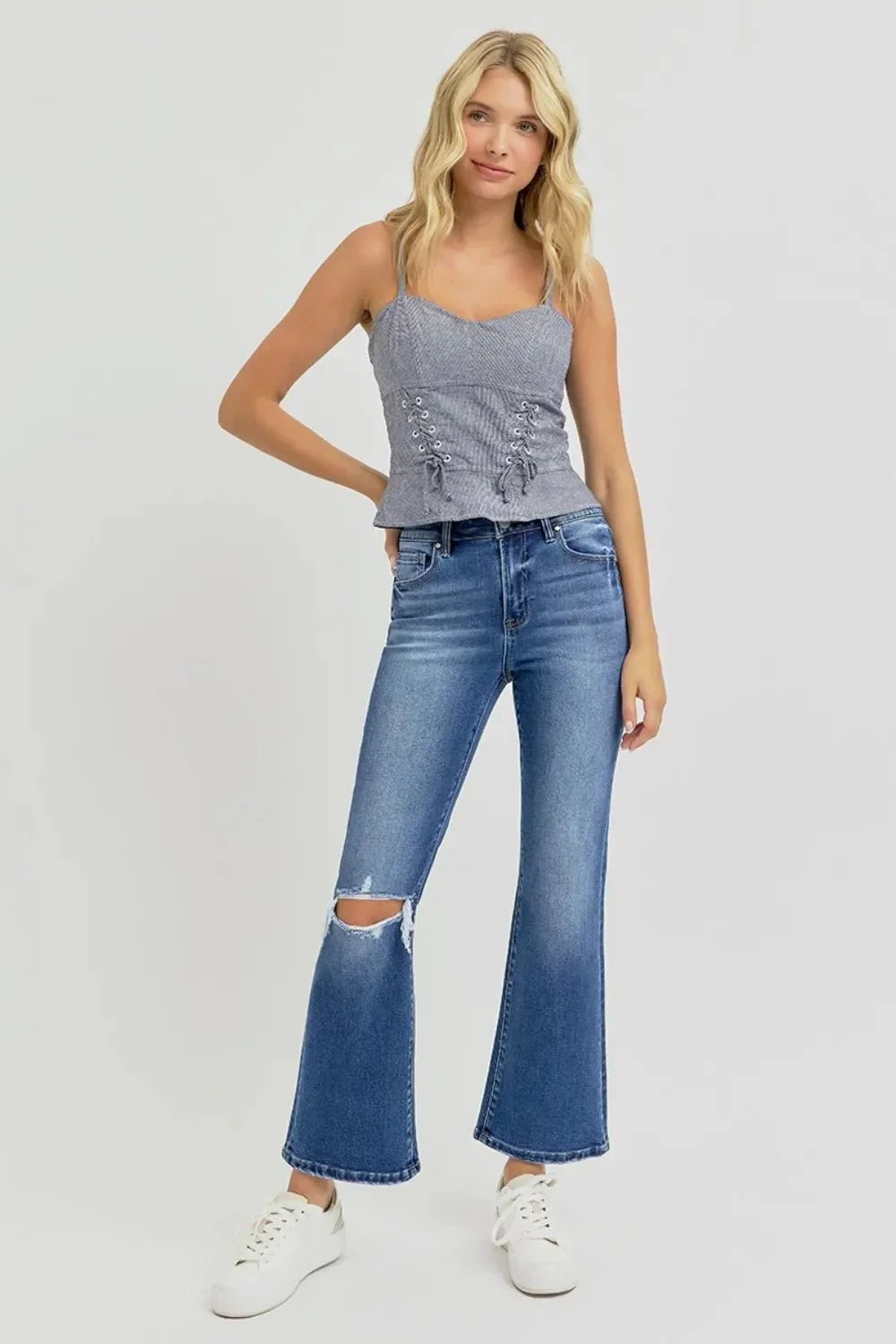 RISEN Full Size Distressed High Rise Crop Flare Jeans - VILLA FASHION