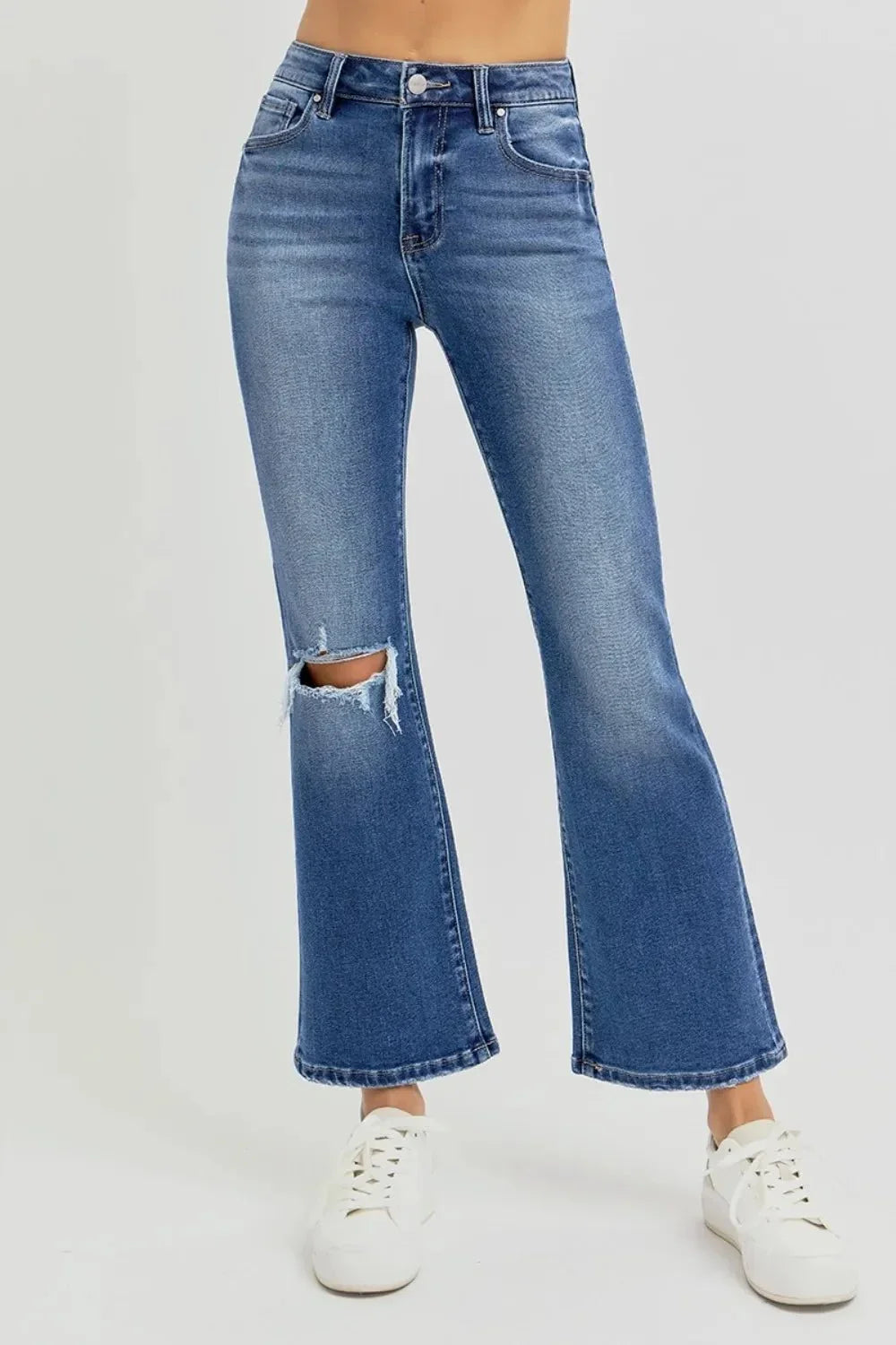 RISEN Full Size Distressed High Rise Crop Flare Jeans - VILLA FASHION