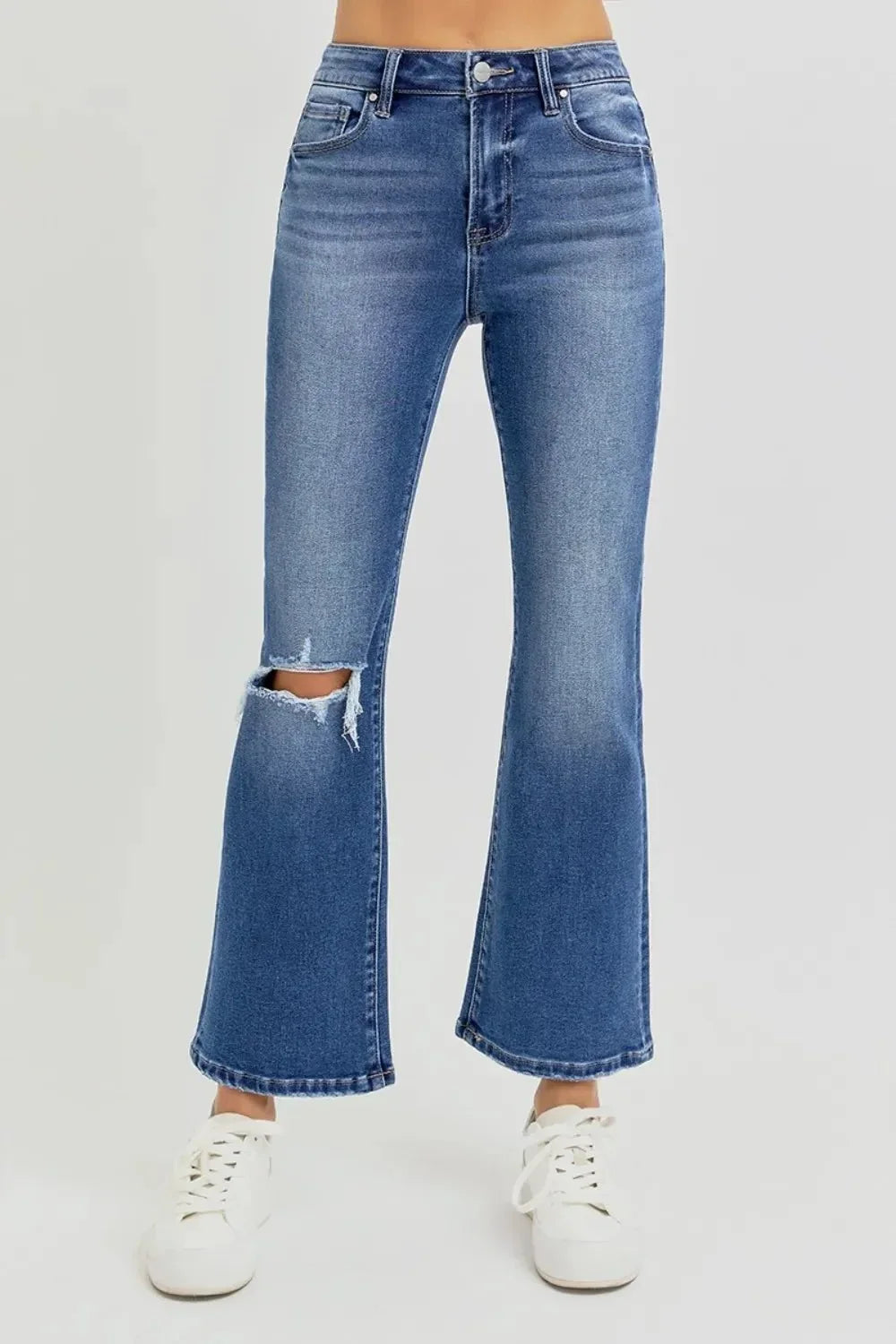 RISEN Full Size Distressed High Rise Crop Flare Jeans - VILLA FASHION