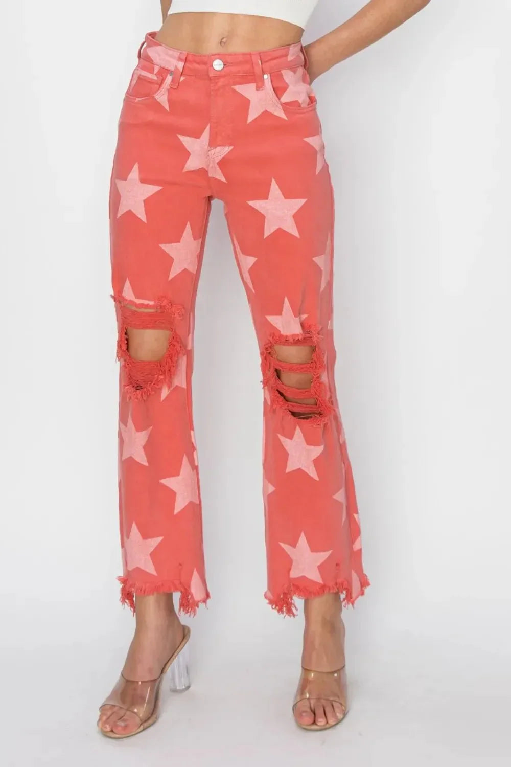 RISEN Full Size Distressed Raw Hem Star Pattern Jeans - VILLA FASHION