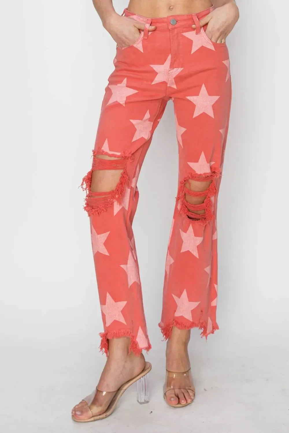 RISEN Full Size Distressed Raw Hem Star Pattern Jeans - VILLA FASHION