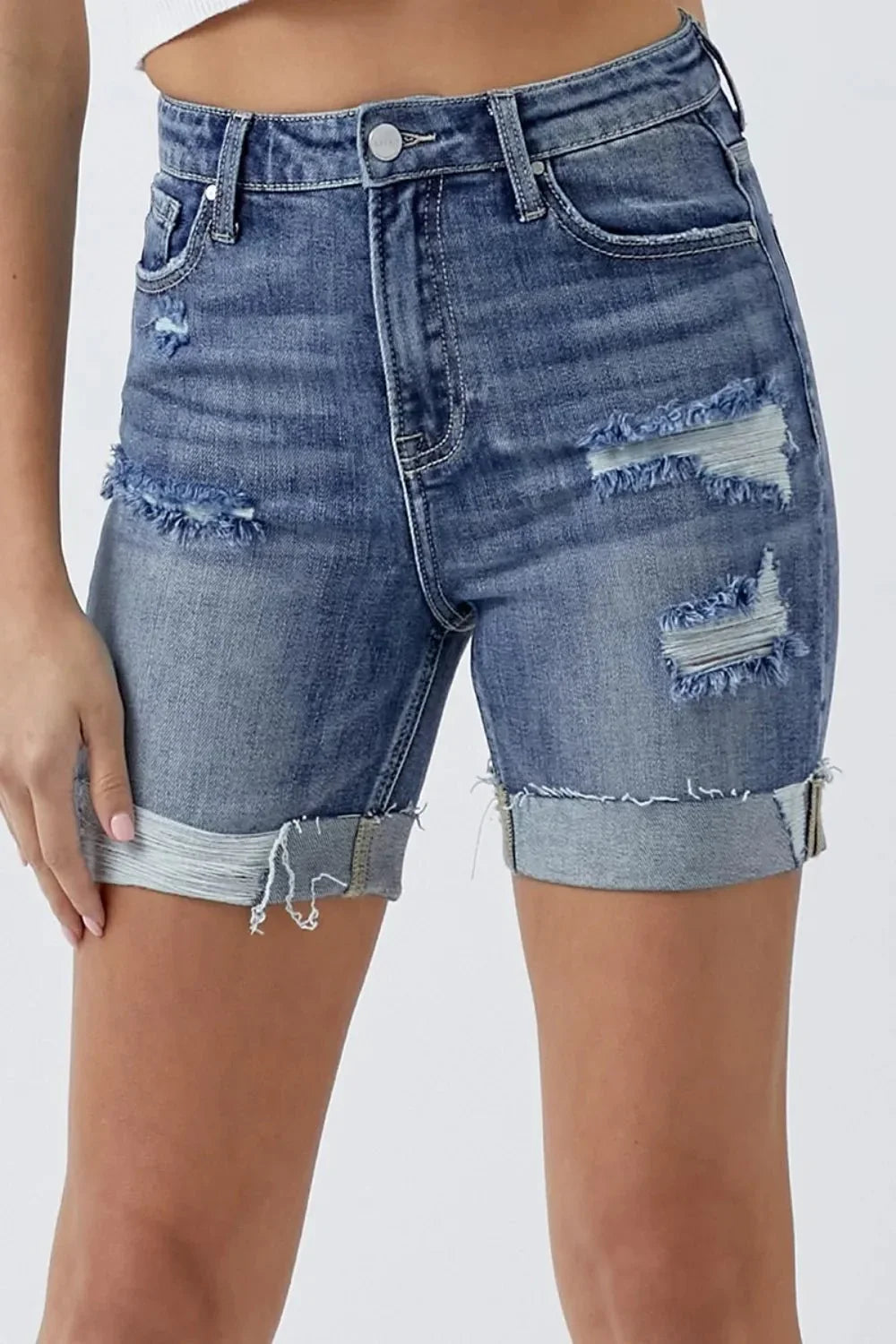 RISEN Full Size Distressed Rolled Denim Shorts with Pockets - VILLA FASHION