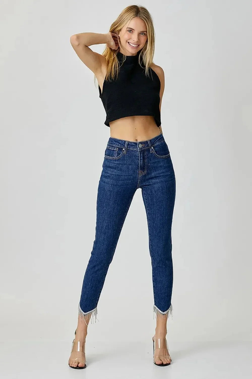 RISEN Full Size Embellished Mid Rise Crop Skinny Jeans - VILLA FASHION