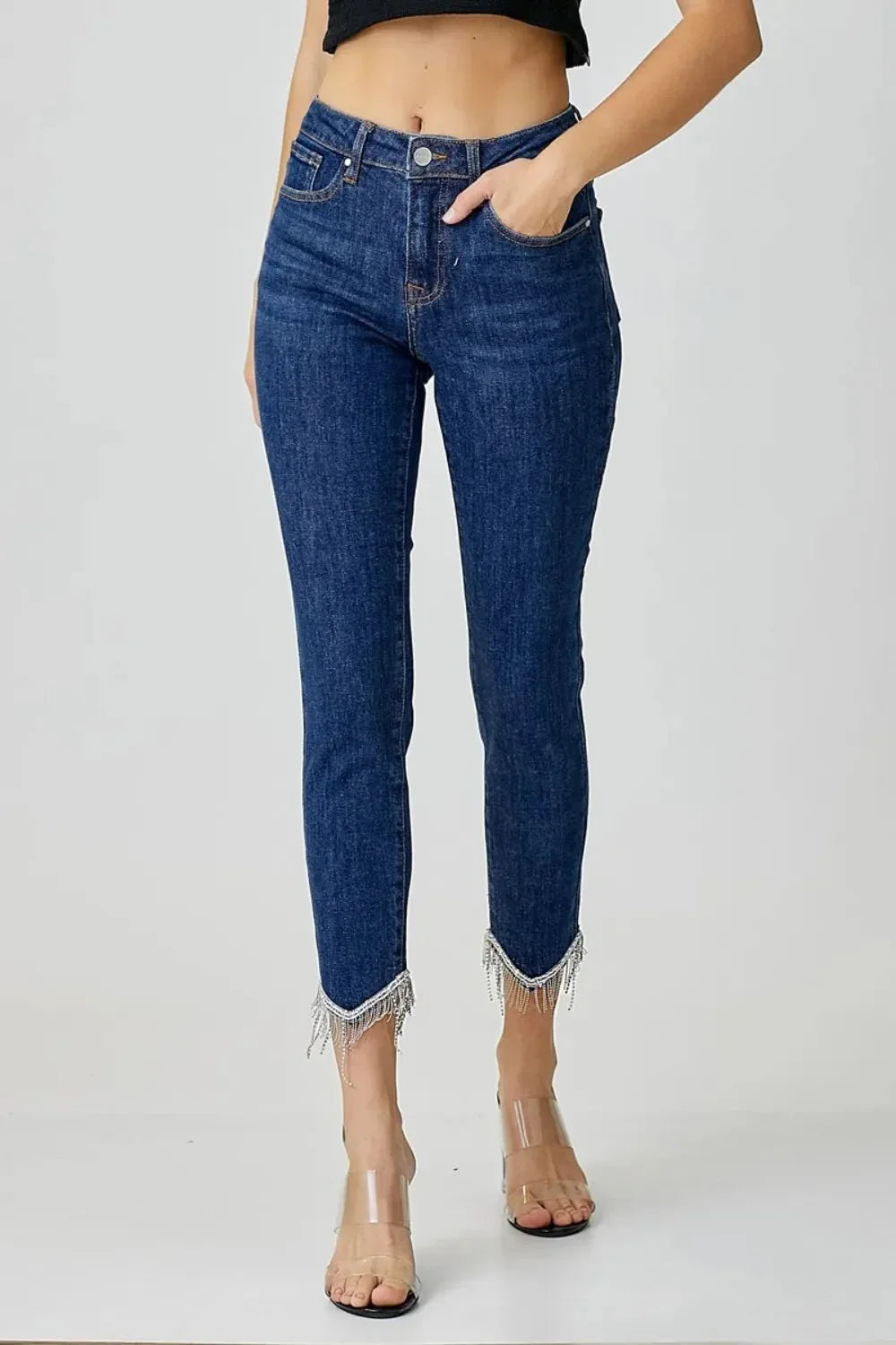 RISEN Full Size Embellished Mid Rise Crop Skinny Jeans - VILLA FASHION
