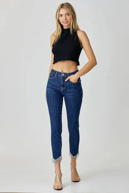 RISEN Full Size Embellished Mid Rise Crop Skinny Jeans - VILLA FASHION