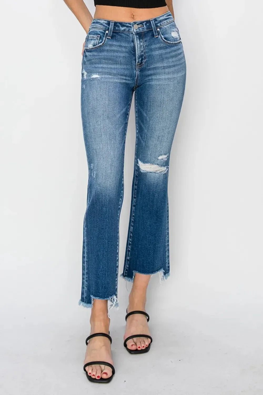RISEN Full Size Frayed Step Hem Ankle Straight Jeans - VILLA FASHION