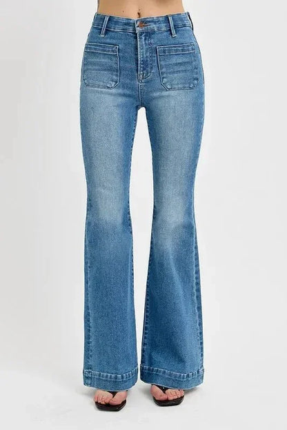 RISEN Full Size Front Patch Pocket Flare Jeans Plus Size - VILLA FASHION