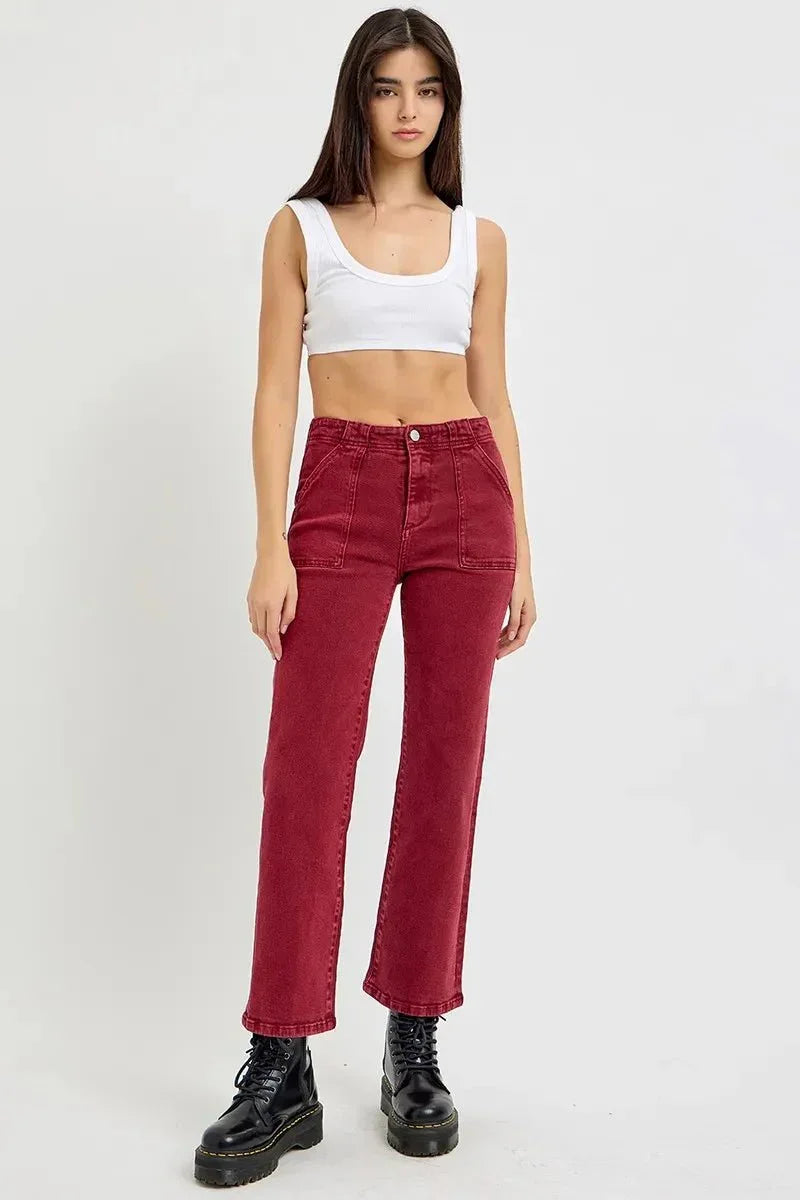 RISEN Full Size High Rise Ankle Flare Jeans with Patch Pockets Plus Size - VILLA FASHION