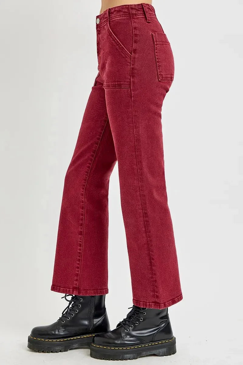 RISEN Full Size High Rise Ankle Flare Jeans with Patch Pockets Plus Size - VILLA FASHION