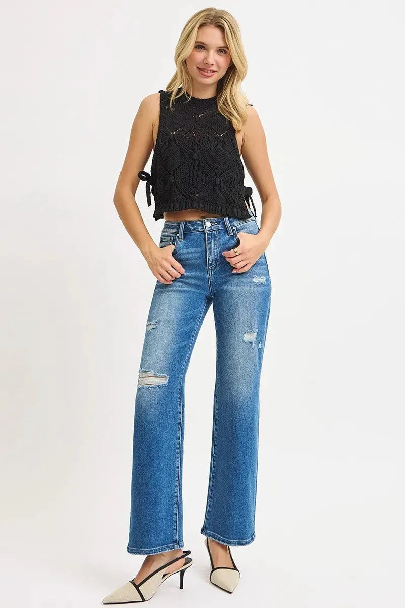 RISEN Full Size High Rise Ankle Straight Front Body Distressed Jeans Plus Size - VILLA FASHION