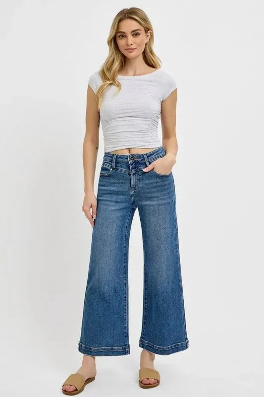 RISEN Full Size High Rise Crop Wide Leg Front Yoke Detail Jeans Plus Size - VILLA FASHION