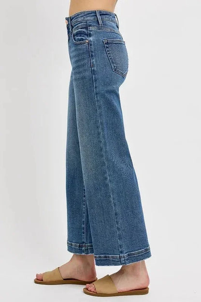 RISEN Full Size High Rise Crop Wide Leg Front Yoke Detail Jeans Plus Size - VILLA FASHION