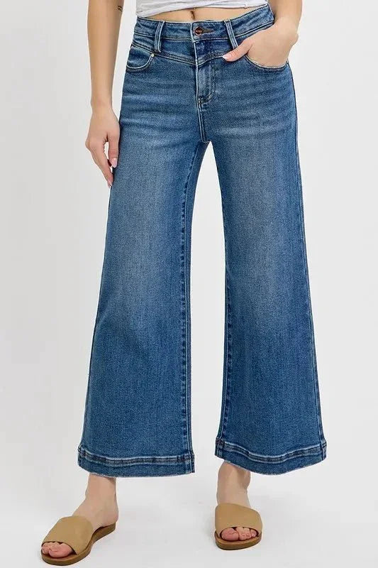 RISEN Full Size High Rise Crop Wide Leg Front Yoke Detail Jeans Plus Size - VILLA FASHION