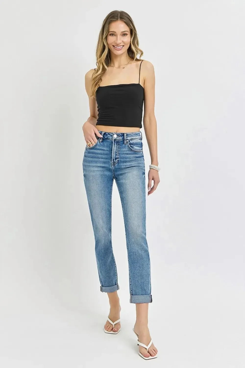 Risen Full Size High Rise Cropped Roll Up Jeans - VILLA FASHION
