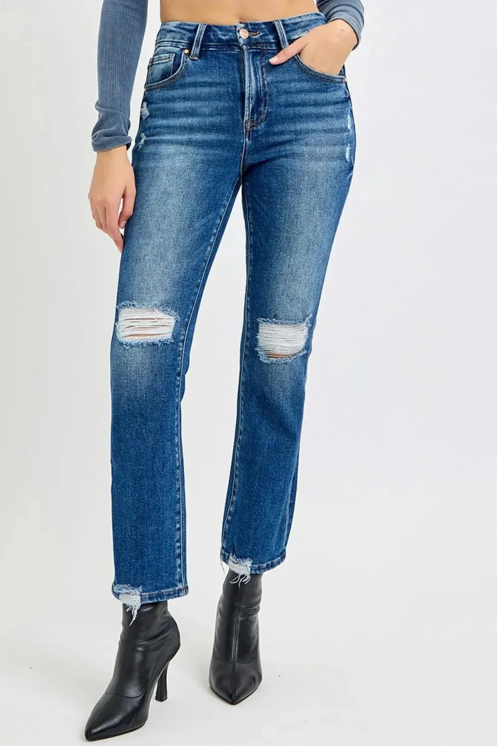 RISEN Full Size High Rise Distressed Crop Straight Jeans - VILLA FASHION