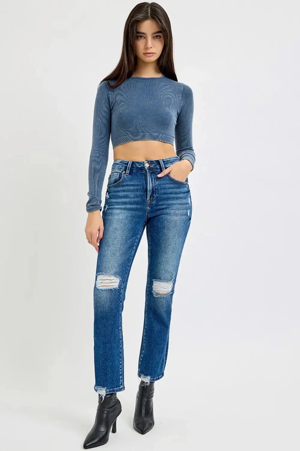 RISEN Full Size High Rise Distressed Crop Straight Jeans - VILLA FASHION
