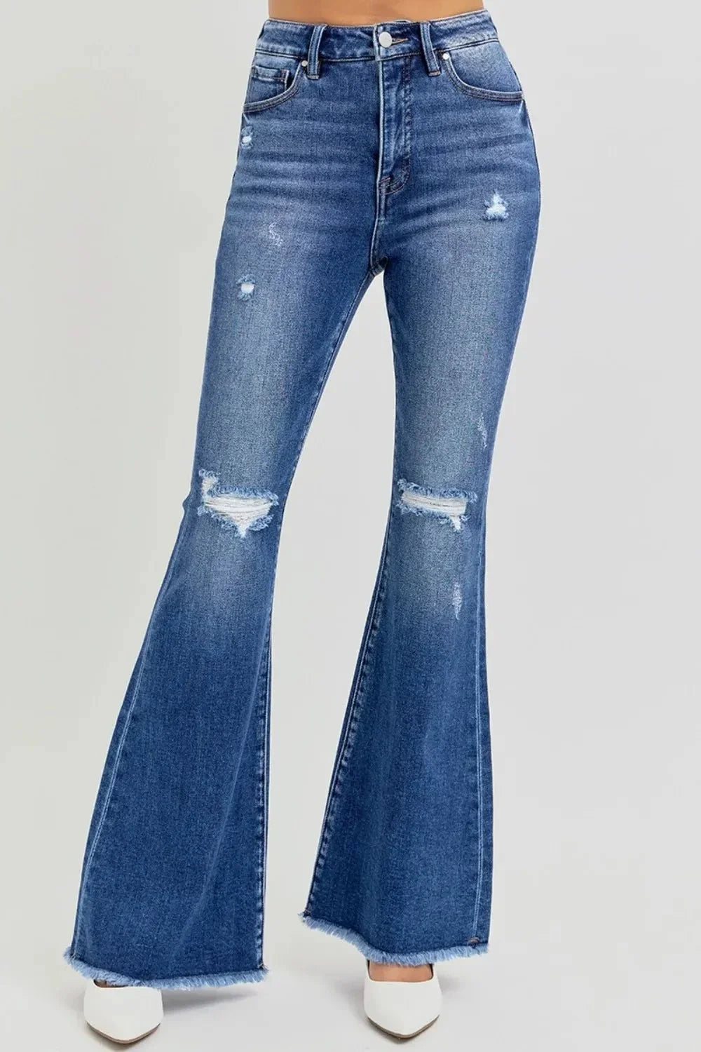 RISEN Full Size High Rise Distressed Raw Hem Flare Jeans - VILLA FASHION