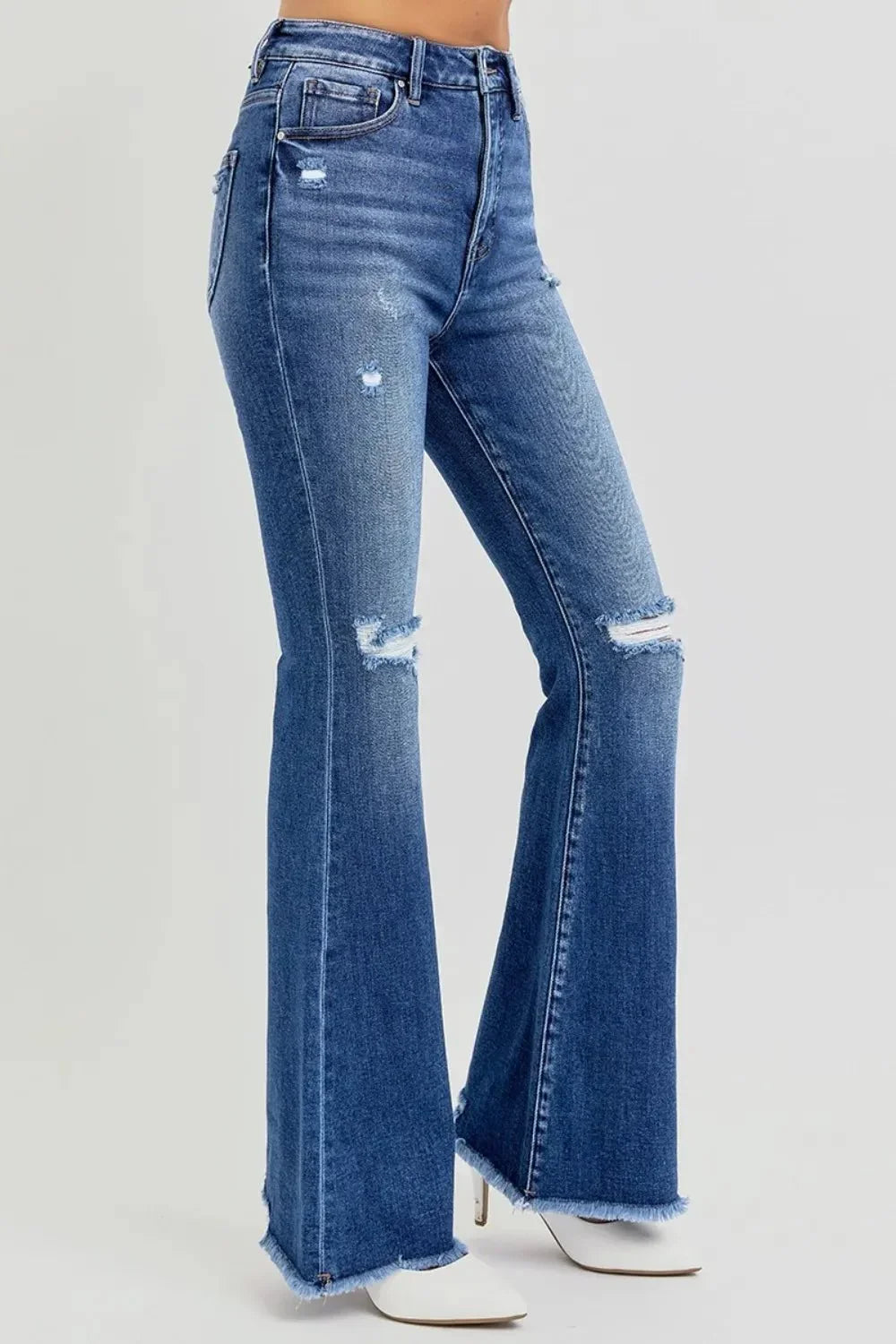 RISEN Full Size High Rise Distressed Raw Hem Flare Jeans - VILLA FASHION