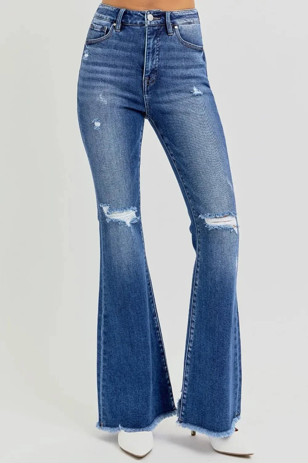 RISEN Full Size High Rise Distressed Raw Hem Flare Jeans - VILLA FASHION