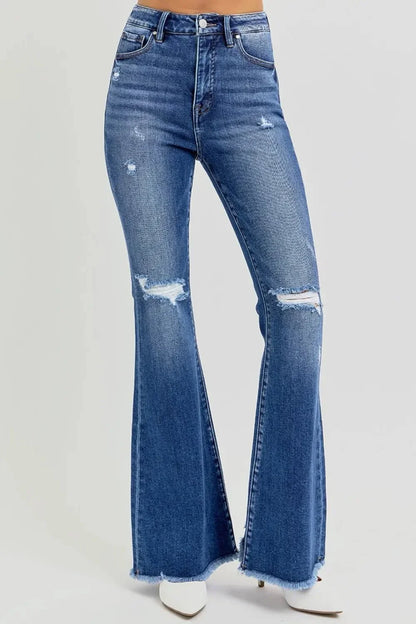 RISEN Full Size High Rise Distressed Raw Hem Flare Jeans - VILLA FASHION