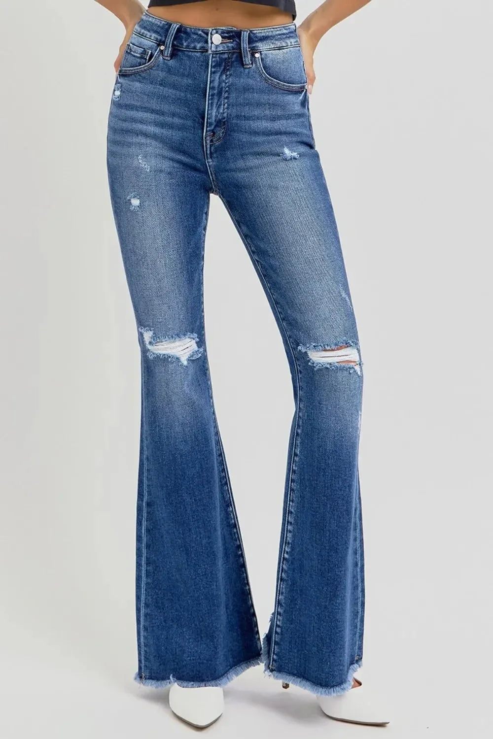 RISEN Full Size High Rise Distressed Raw Hem Flare Jeans - VILLA FASHION