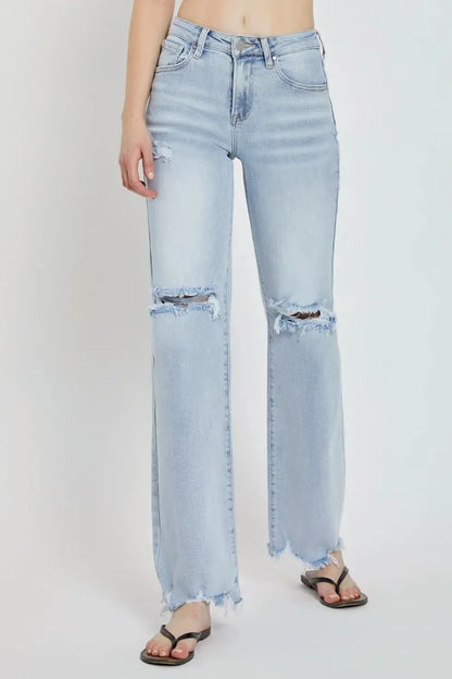 RISEN Full Size High Rise Distressed Wide Leg Jeans - VILLA FASHION