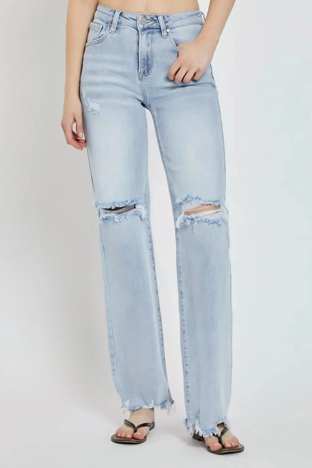 RISEN Full Size High Rise Distressed Wide Leg Jeans - VILLA FASHION