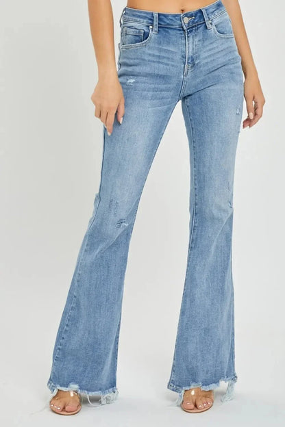 Risen Full Size High Rise Frayed Hem Flare Jeans - VILLA FASHION