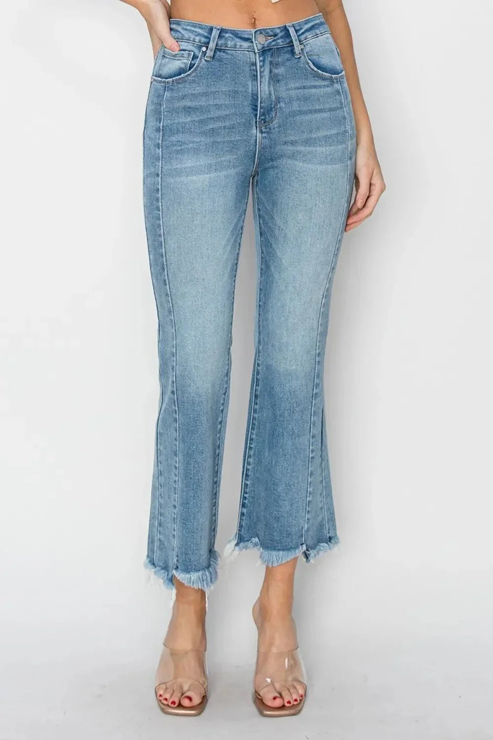 RISEN Full Size High Rise Frayed Hem Flare Jeans - VILLA FASHION