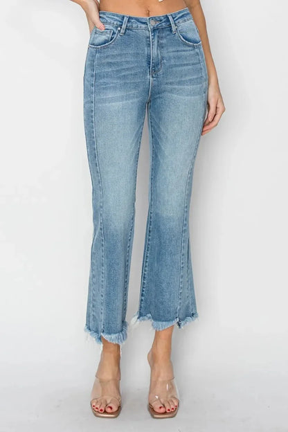 RISEN Full Size High Rise Frayed Hem Flare Jeans - VILLA FASHION