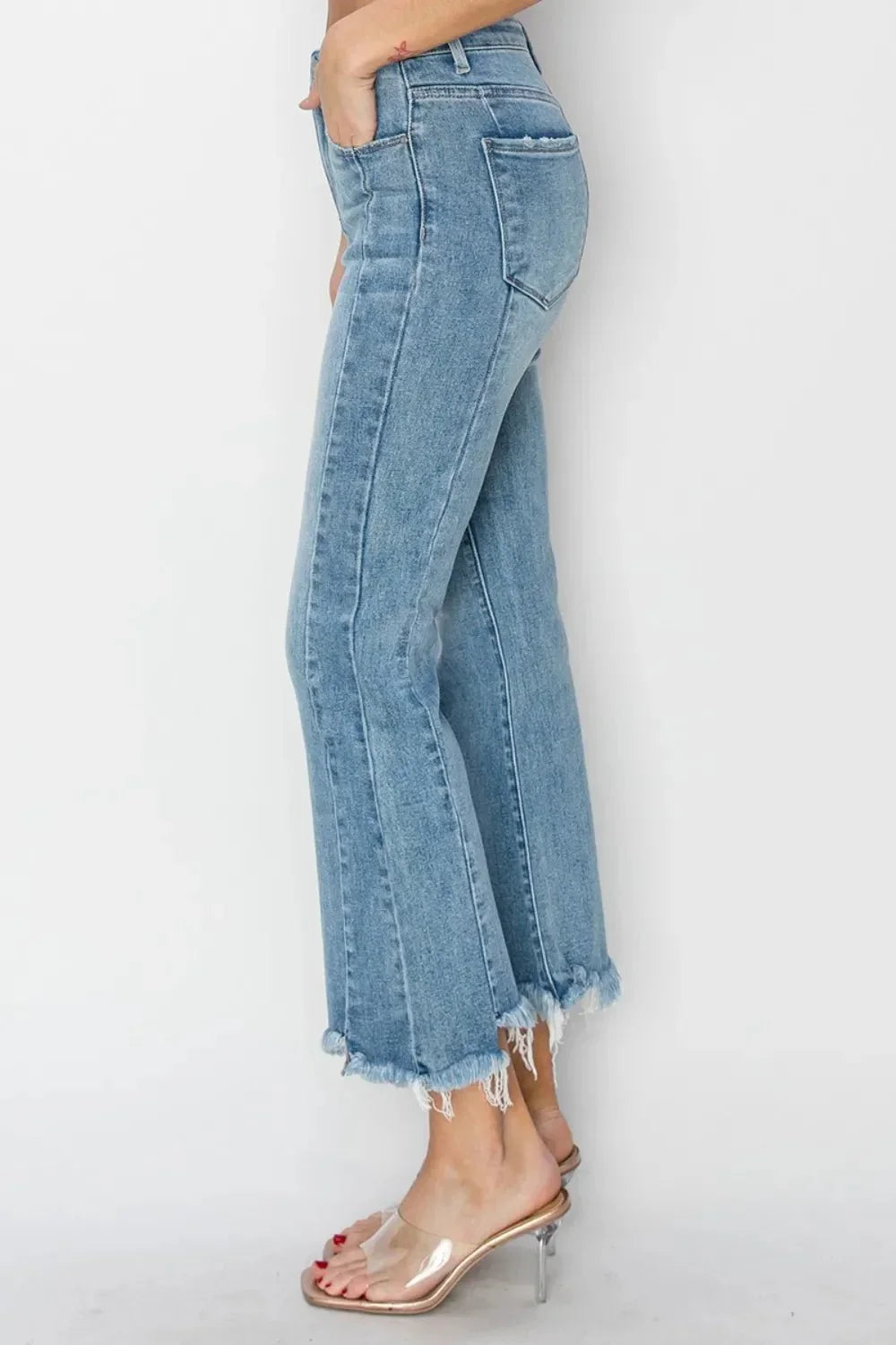 RISEN Full Size High Rise Frayed Hem Flare Jeans - VILLA FASHION