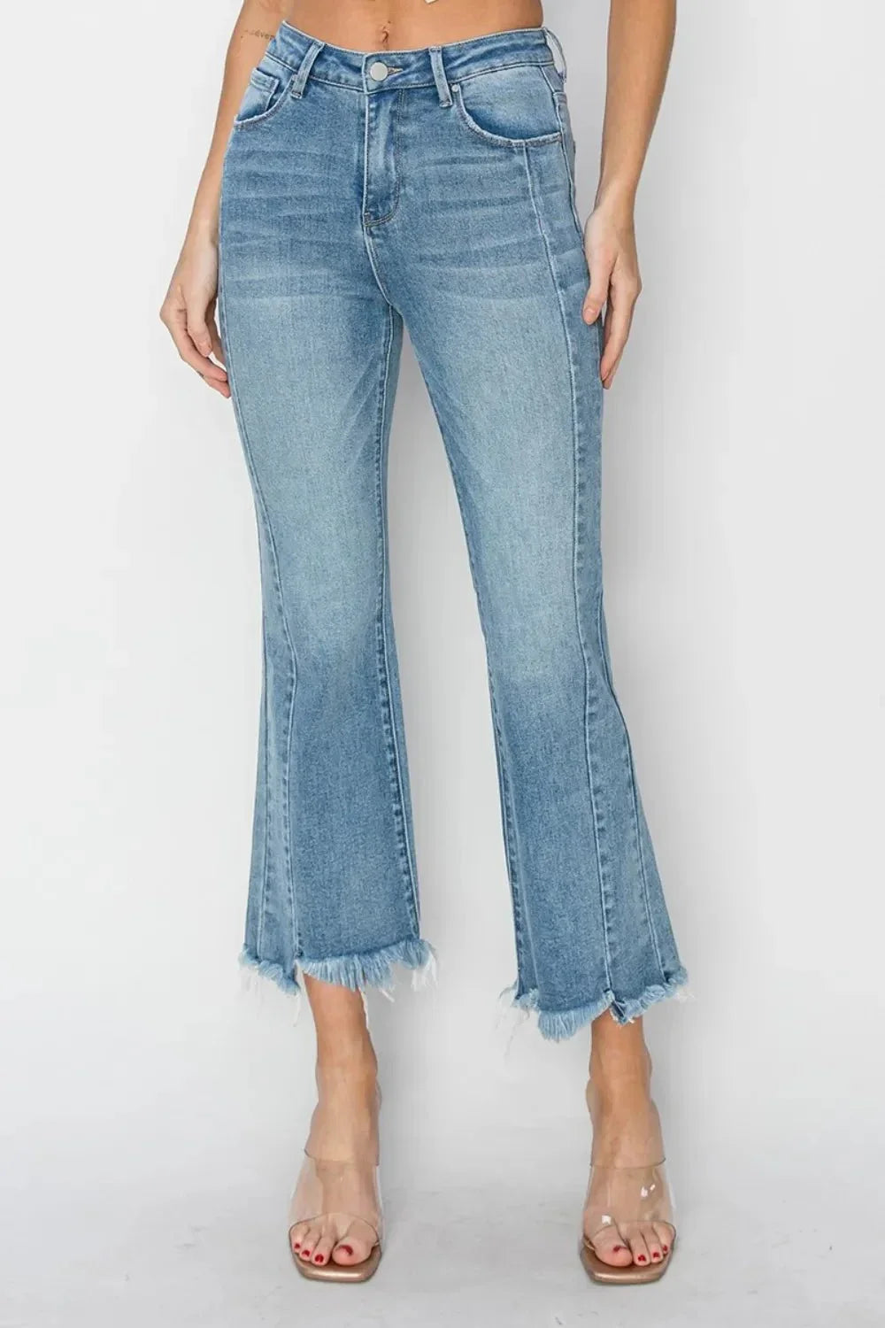 RISEN Full Size High Rise Frayed Hem Flare Jeans - VILLA FASHION