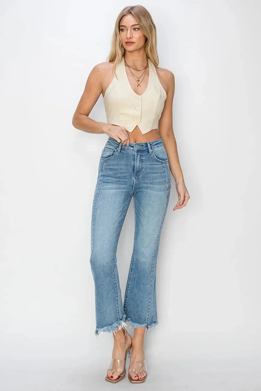 RISEN Full Size High Rise Frayed Hem Flare Jeans - VILLA FASHION