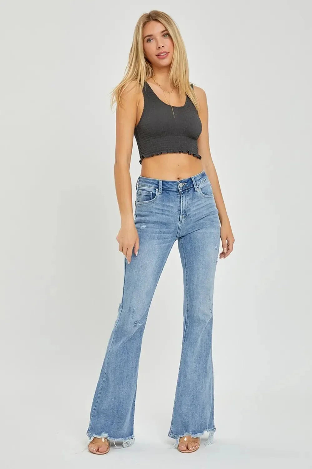 Risen Full Size High Rise Frayed Hem Flare Jeans - VILLA FASHION